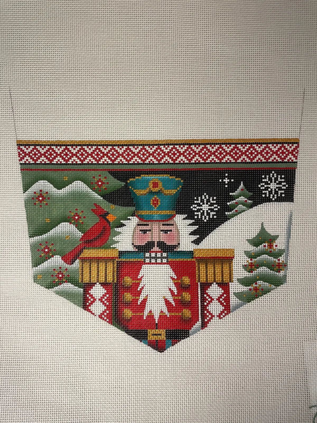 * Rebecca Wood 1486D  Cardinal Nutcracker Stocking Cuff- 13 Mesh 1