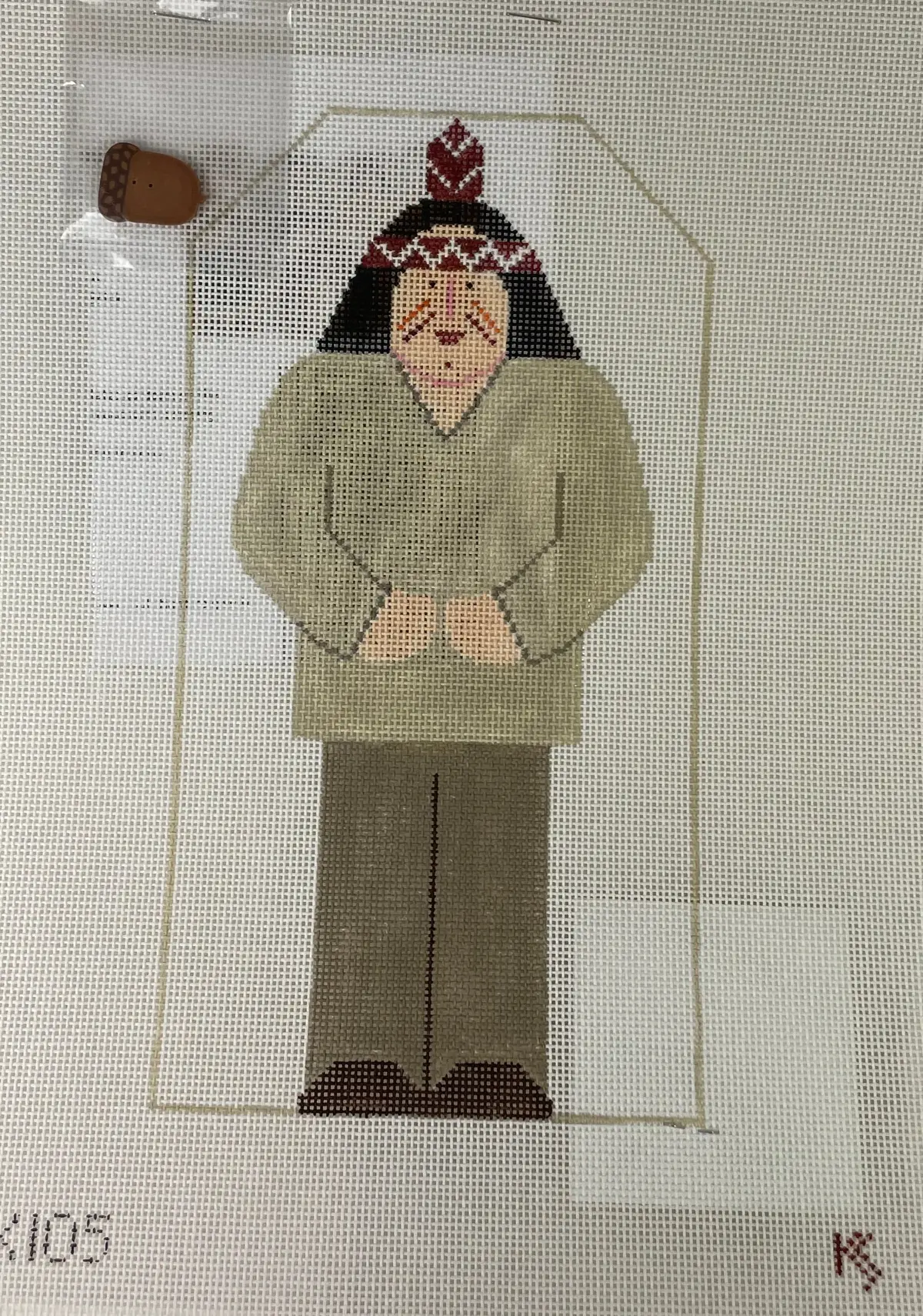 * Sale / Kathy Schenkel Hx105 Indian Man With Acorn Button With Stitch Guide 1