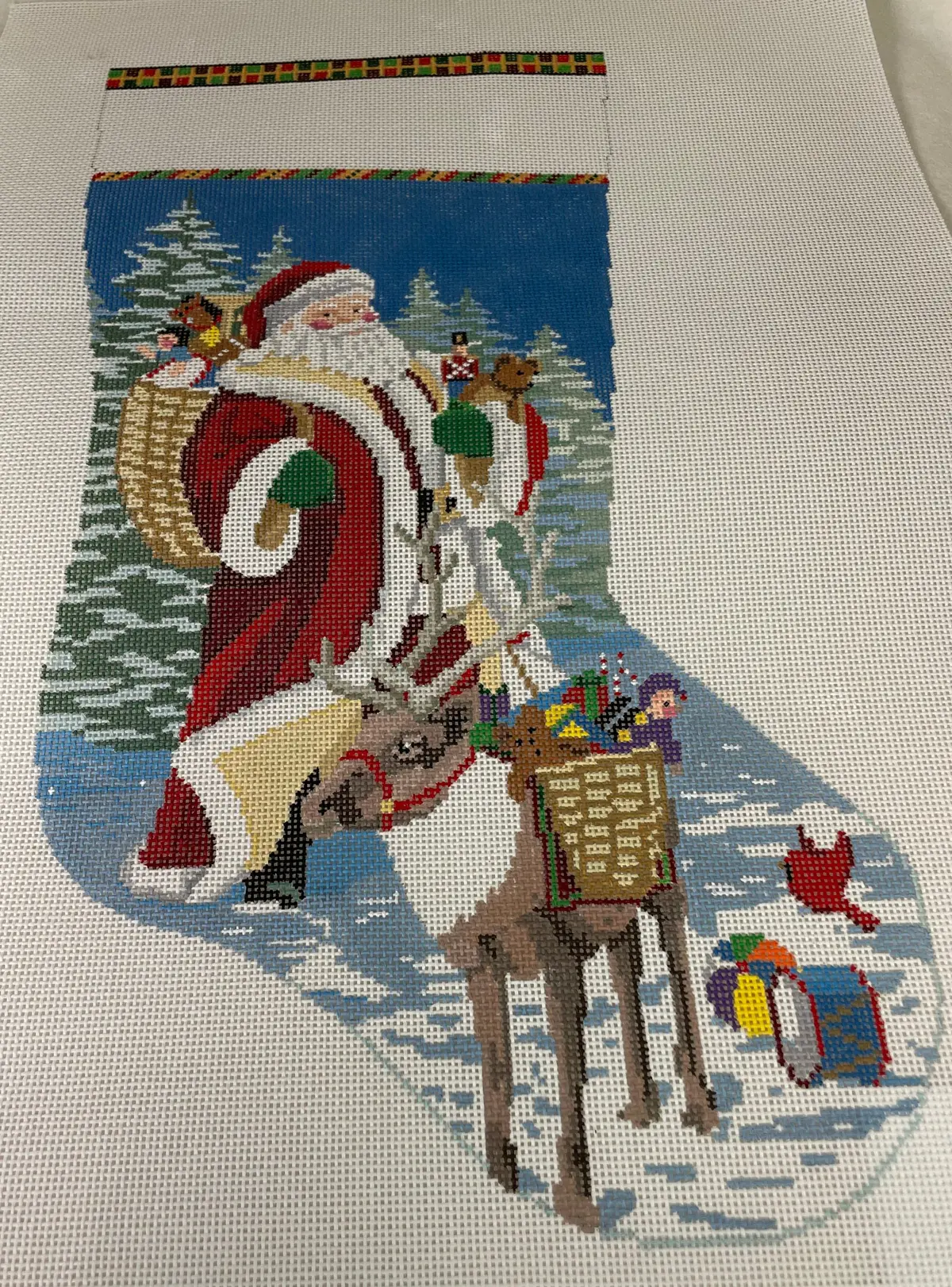 * Susan Roberts Needlepoint 0156 Santa Reindeer And Toy Baskets Stocking- 13M 1