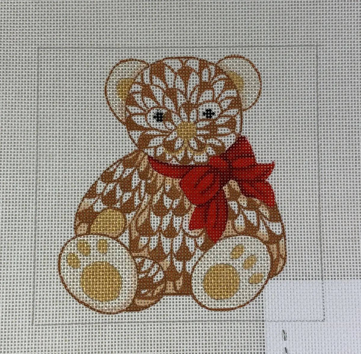 * Kate Dickerson Needlepoint Ins-01 Teddy Bear With Bow - Brown 1