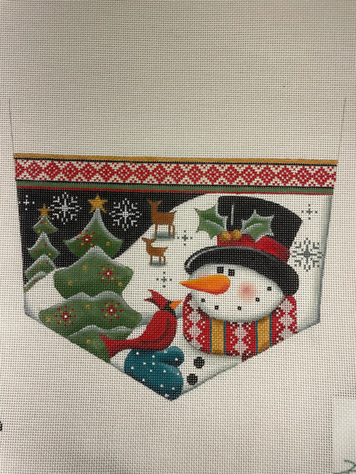 * Rebecca Wood 1486B Cardinal Snowman Stocking Cuff- 13 Mesh 1