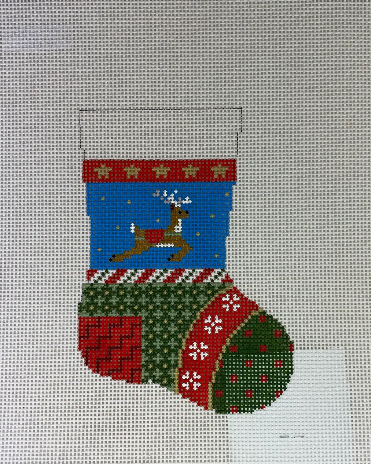 Susan Roberts Needlepoint 5453 Patchwork Reindeer Mini Stocking 1