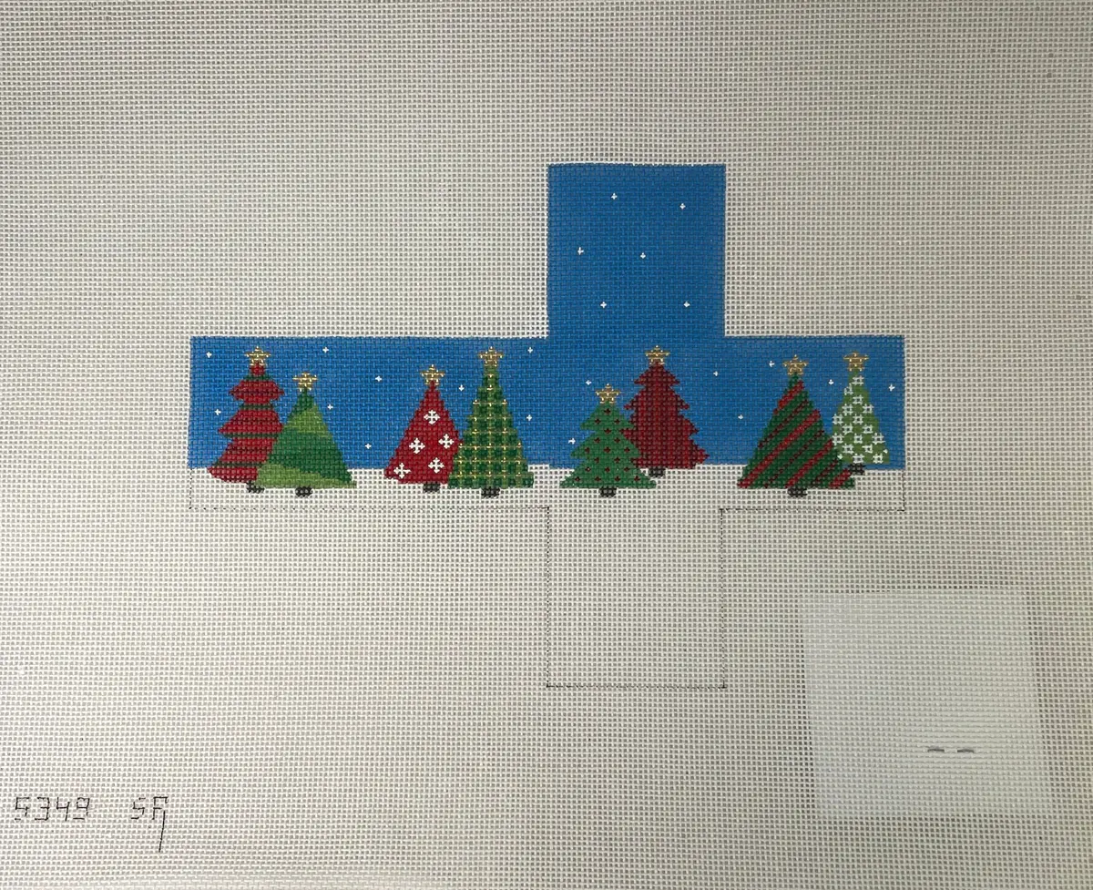 * Susan Roberts Needlepoint 5349 Patchwork Trees Cube Ornament 1