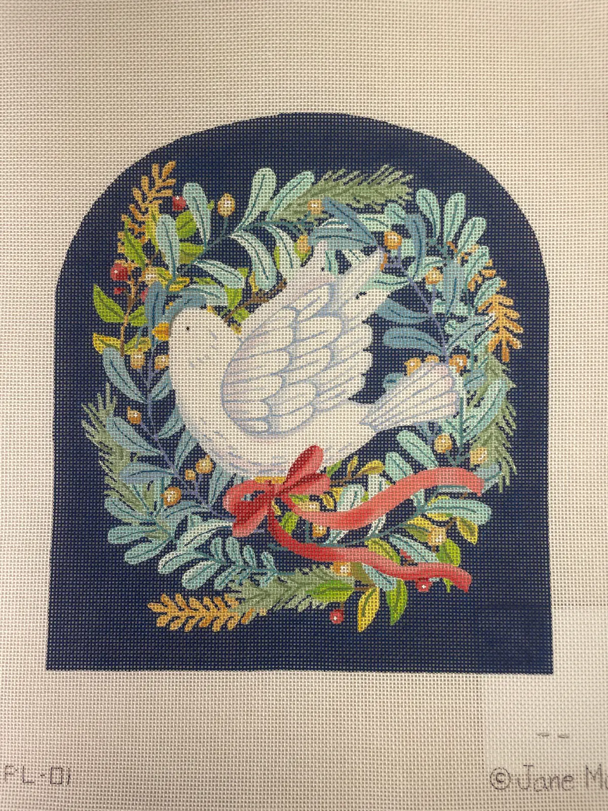 Kate Dickerson Needlepoint Jam Pl01 Dove With Winter Greenery On Night Sky 1