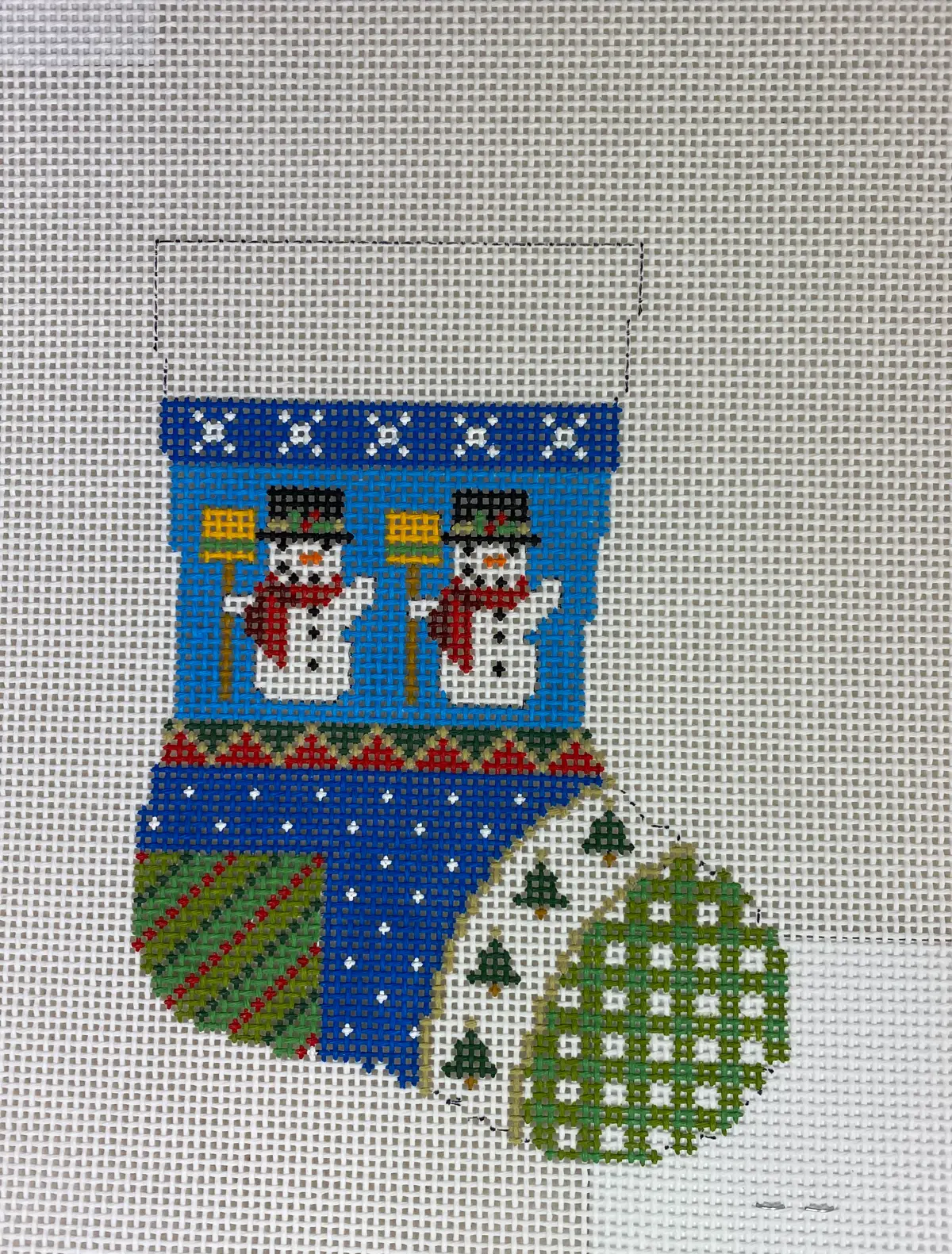 * Susan Roberts Needlepoint 5452 Patchwork Snowman Mini Stocking 1