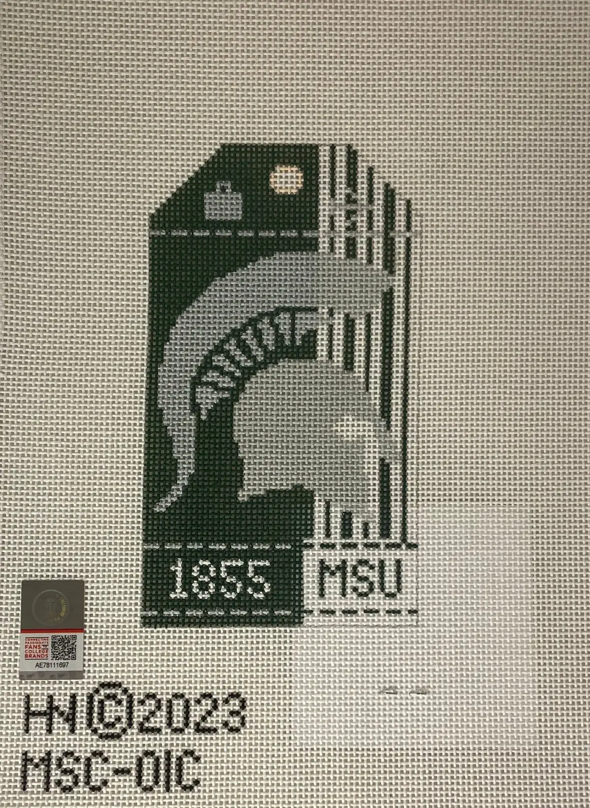 * Hedgehog Needlepoint Michigan State Collegiate Retro Travel Tag 1