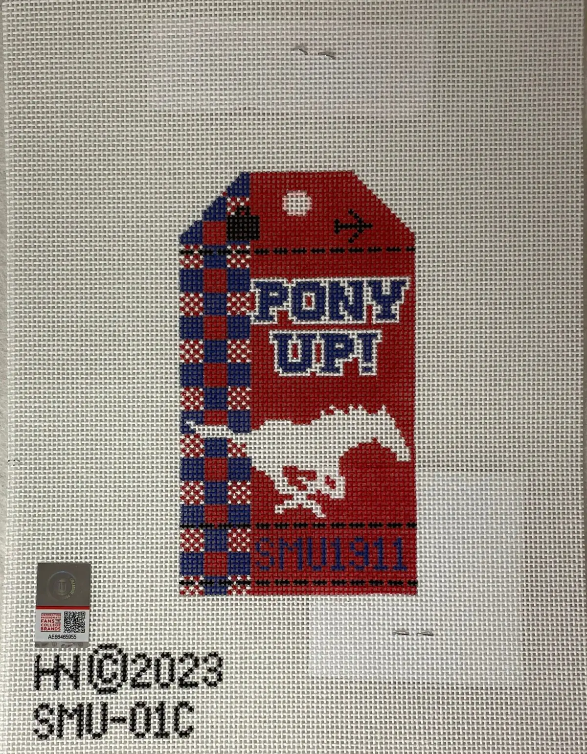 * Hedgehog Needlepoint Smu Collegiate Retro Travel Tag 1