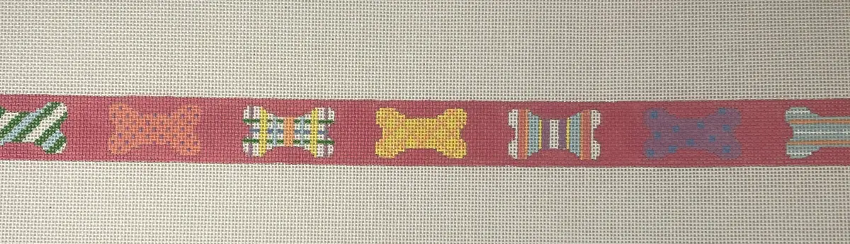* Susan Roberts Needlepoint 1940 Patchwork Bones Dog Collar, Pink- 18M 1