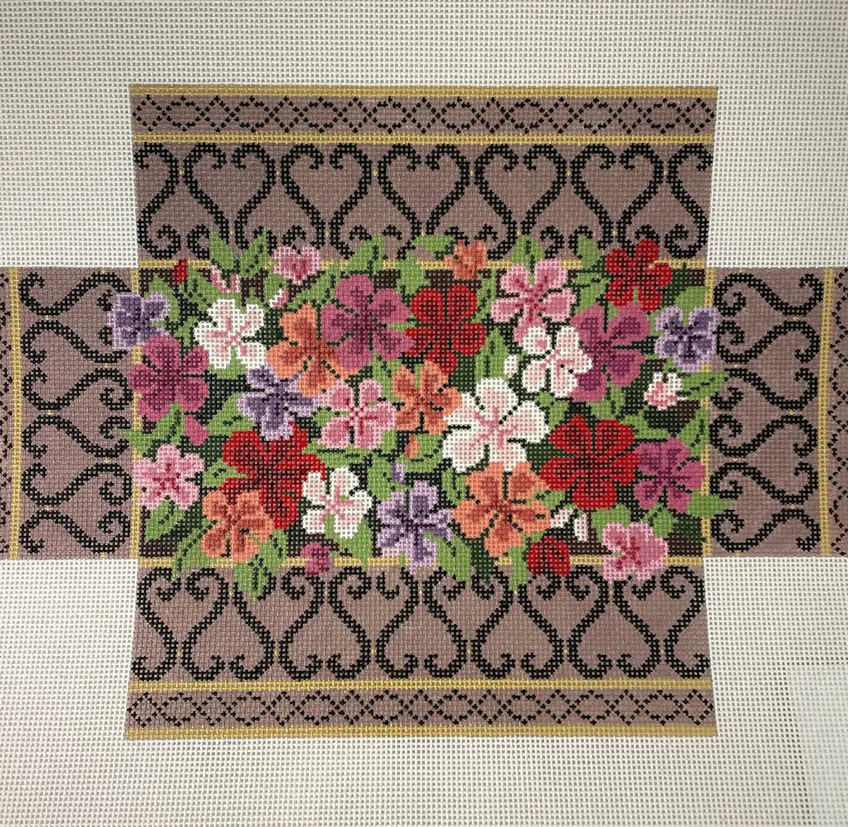 *Sale Susan Roberts Needlepoint 0371 Impatients In Brass And Iron Grillwork Brick Cover 13M 1