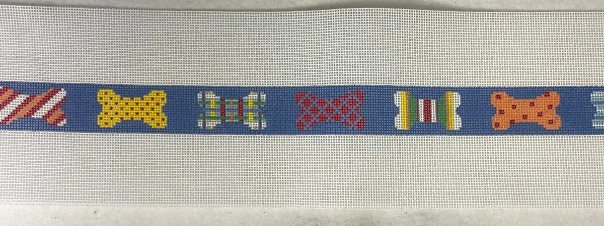* Susan Roberts Needlepoint 1916 Patchwork Dog Bone Collar/ Blue- 18M 1
