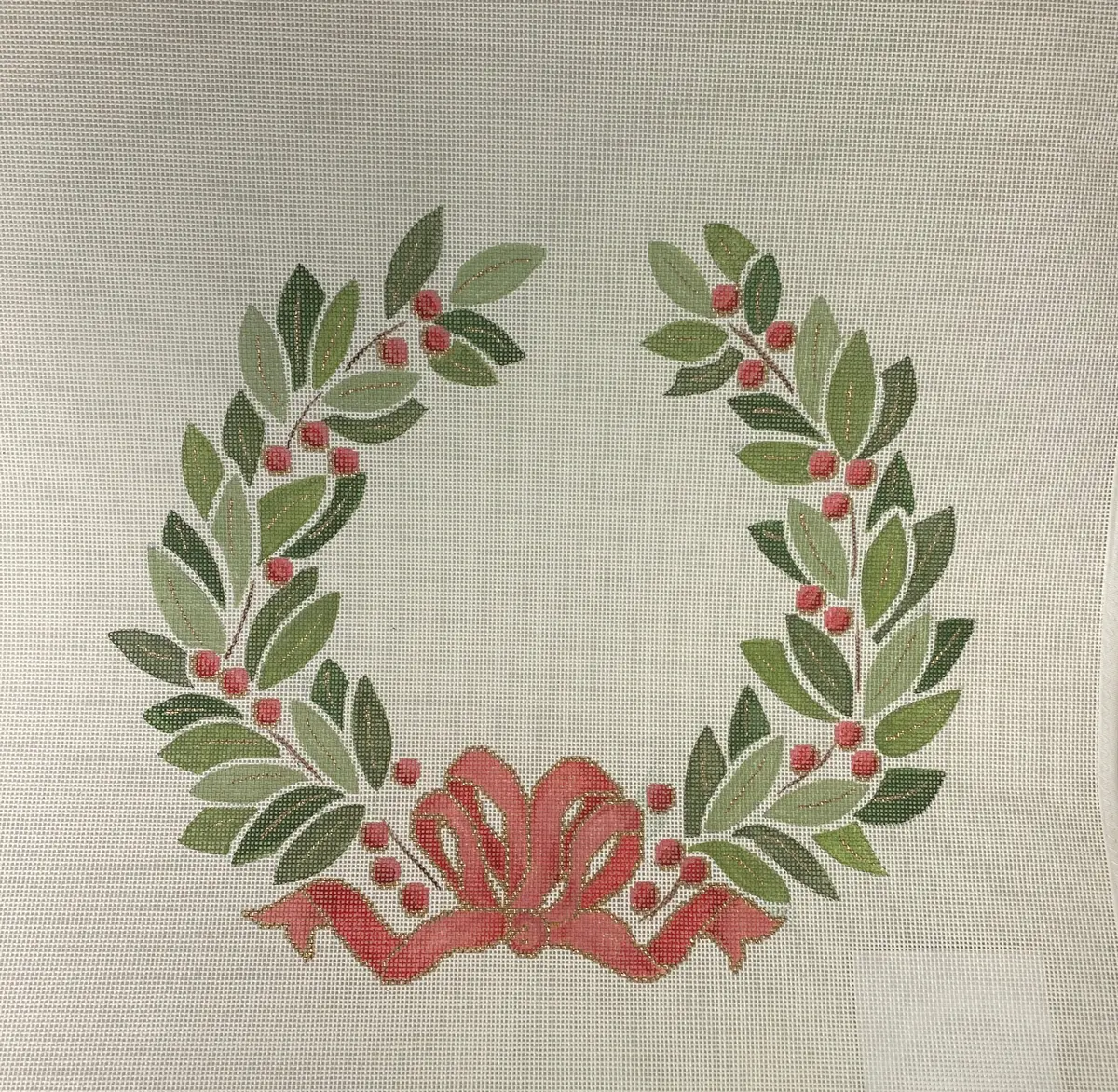 * Canvasworks Traditions W5a Olive Leaves Wreath With Coral Ribbon 1